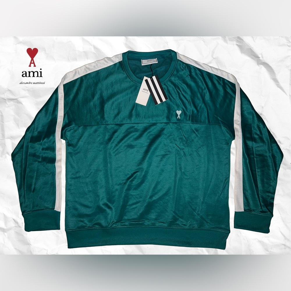 AMI Alexandre Mattiussi Green and White Crewneck Raglan Sweatshirt